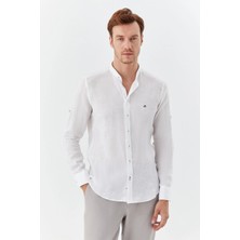 Sabri Özel Beyaz Hakim Yaka Regular Fit Keten Erkek Gömlek