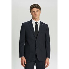 Sabri Özel Erkek Lacivert Dar Kesim Slim Fit Viskon Çizgili Mono Yaka 6 Drop Takım Elbise