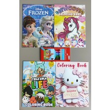 Ada Çanta Kırtasiye 4 Adet Stickerli Boyama Kitabı ve 12'li F.c. Kuru Boya Kalemi (Frozen/unicorns/hellokitty/tocaboca)