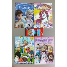 Ada Çanta Kırtasiye 4 Adet Stickerli Boyama Kitabı ve 12'li F.c. Kuru Boya Kalemi (Frozen/unicorns/crybaby/tocaboca)