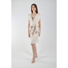 Reina Teks Kapüşonlu Yelek Pamuklu Kilim Desen Kuşaklı 1 Adet Unisex Müslin Kumaş Çok Amaçlı Bornoz