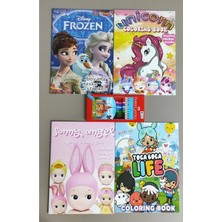Ada Çanta Kırtasiye 4 Adet Stickerli Boyama Kitabı ve 12'li F.c. Kuru Boya Kalemi (Frozen/unicorns/sonnyangel/tocaboca)