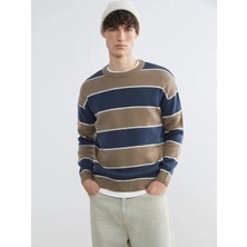 LC Waikiki Bej Bisiklet Yaka Çizgili Erkek Triko Kazak