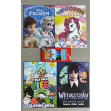 Ada Çanta Kırtasiye 4 Adet Stickerli Boyama Kitabı ve 12'li F.c. Kuru Boya Kalemi (Frozen/unicorns/wednesday/tocaboca)