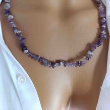 Mga Doğaltaş Ametist Taşı Kırıktaş Kolye – Mor Doğal Taş Kadın Kolye – Negatif Enerji Taşı – Çelik Uzatma Zincirli – 45-55 cm – Sertifikalı – Mdf Hediye Kutulu