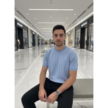 Nakşi Giyim Erkek Triko Tişört Çizgili Dokulu Bisiklet Yaka Günlük Şık Kısa Kollu Üst