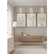 Safir Design Bebek Odası Için Pastel Tonlarda Illüstrasyon 3lü Çerçeveli Tablo Seti