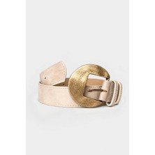 Purple By Banu Bej Oval Metal Tokalı Süet Kemer