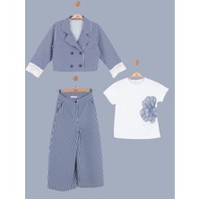 Ugly Duck 8-14 Yaş Kız Çocuk Çizgili Ceket Pantolon Takım Lacivert Beyaz 3’lü Set