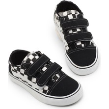 Tonny Black Çocuk Unisex Siyah Ekose Kauçuk Taban Rahat Kalıp Çift Cırtlı Ayakkabı