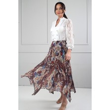 By Saygı Kadın Beli Lastikli Astarlı Şal Desenli Kraşlı Üçgen Midi Etek