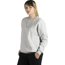 Kadın Gri Oversize Kalın Üç Iplik Şardonlu Bisiklet Yaka Basic Sweatshirt