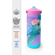Coral High Açık Pembe Mavi Kaplumbağa Desenli Katlanır Ağızlıklı Çelik Termos 650 ml 38383
