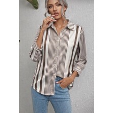 Pazarcan Kadın Uzun Kollu Çizgi Desen Saten Gömlek