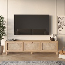 Robin Home Arizona Tv Ünitesi Sehpası Ahşap Ayaklı 3 Ahşap Jüt Kapaklı 180CM Sepet-Jüt