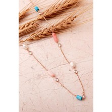 Sümer Telkari Inci, Mercan ve Firuze Taşlı 925 Ayar Rose Gümüş Uzun Zarafet Kolye 8118