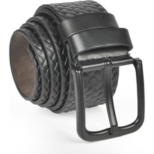 Rizzup Erkek Siyah 4,5 cm Örme Desenli Spor Suni Deri Kot Kemeri 2402625