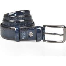 Rizzup Erkek Lacivert Lazer Işlemeli Ince Klasik Parlak Suni Deri Kemer 2402627