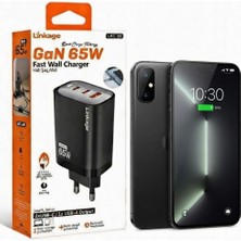 Gunkes Linkege 65WATT 2xusb-C + 1xusb-A Çıkışlı, Gan Teknolojili Hızlı Duvar Şarj Aleti Şarj