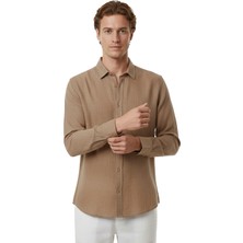 RizzUP Kahve Rahat Kalıp %100 Keten Erkek Gömlek – Yazlık Çizgi Desenli Yeni Sezon Gömlek 2602616