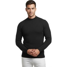 Rizzup Siyah Slim Fit Yarım Boğazlı Erkek Triko Kazak – Çizgi Dokulu, Likralı Yarım Balıkçı Yaka 2505512