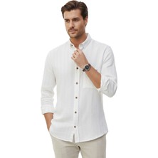 RizzUP Taba Rahat Kalıp Çizgili Erkek Gömlek – Cepli Ahşap Düğmeli Doğal Dokulu Yeni Sezon 2602623