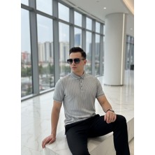 Nakşi Giyim Erkek Polo Yaka Çizgili Triko Tişört Düğmeli Kısa Kollu Günlük Şık Üst