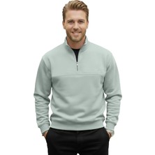 Rizzup Erkek Mint Yeşili Relax Fit Içi Polarlı %100 Pamuk Yarım Fermuarlı Dik Yaka Sweatshirt 2600760