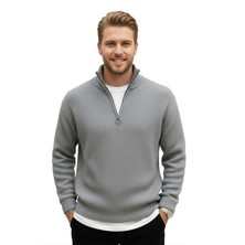 Rizzup Erkek Gri Yarım Fermuarlı Oversize Kesim Triko Kazak – Yumuşak Dokulu Örgü Kazak 2608511