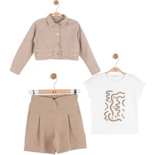 Ugly Duck 8-14 Yaş Kız Çocuk Vizon Ceket T-Shirt Şort Takım Pamuk 3’lü Set