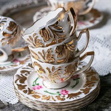 Manushum El Boyama Porselen Frezya Altın Kahve Fincanı-Beyaz 1 Adet