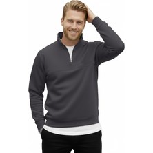 Rizzup Erkek Füme Relax Fit Içi Polarlı %100 Pamuk Yarım Fermuarlı Dik Yaka Sweatshirt 2600760