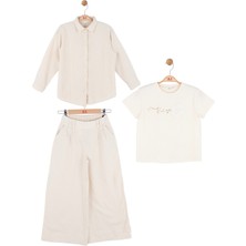 Ugly Duck 8-14 Yaş Kız Çocuk Krem Gömlek T-Shirt Pantolon Pamuklu 3’lü Takım