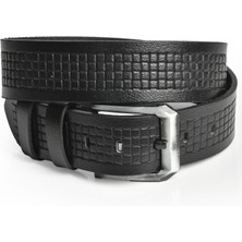 Rizzup Erkek Siyah Hakiki Manda Derisi Kot Kemeri 4,5 cm Kare Desenli Spor Kot Kemeri 2402632