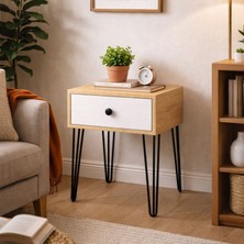 Ratemo Mobilya Modern Metal Ayaklı Suntalam Komodin (Beyaz / Sonoma Ceviz Renk)