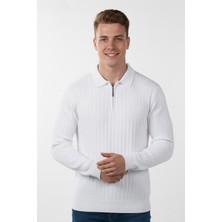 Rizzup Erkek Beyaz Slim Fit Polo Yaka Triko Kazak - Yumuşak Dokulu Esnek ve Şık Görünüm 2605305