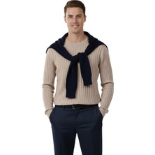 Rizzup Erkek Bej Rahat Kalıp Çizgi Dokulu Triko Kazak – Şık & Modern Tasarım 2605432