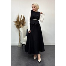 Tesettür Diyarı Sofya Keten Kumaş Yelek ve Etek 2 Li Takım-Siyah