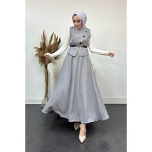 Tesettür Diyarı Sofya Keten Kumaş Yelek ve Etek 2 Li Takım-Gri