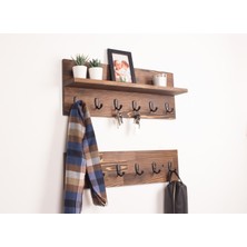 WoodHaus Masif Ahşap Duvar Askılığı Raflı 60 cm – 12 Kancalı Anahtarlık & Portmanto – Rustik Duvar Rafı