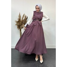 Tesettür Diyarı Sofya Keten Kumaş Yelek ve Etek 2 Li Takım-Mor