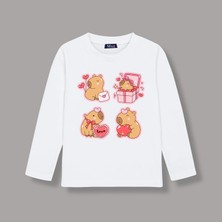 Mixxi Fashion Sevimli Kapibara Capybara Love Kalpli Balonlu Baskılı Uzun Kollu Kız Çocuk Tişört (4-13 Yaş)