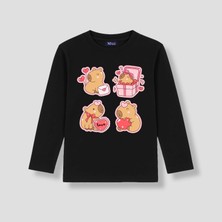 Mixxi Fashion Sevimli Kapibara Capybara Love Kalpli Balonlu Baskılı Uzun Kollu Kız Çocuk Tişört (4-13 Yaş)