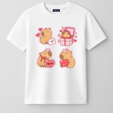 Mixxi Fashion Sevimli Kapibara Capybara Love Kalpli Balonlu Baskılı Kısa Kollu Kız Çocuk Tişört (4-13 Yaş)