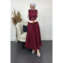 Tesettür Diyarı Sofya Keten Kumaş Yelek ve Etek 2 Li Takım-Bordo