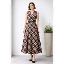 Hiramir Kadın Ekose Desenli V Yaka Jile Elbise