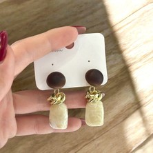 Atelier Çağla Kahverengi Ahşap Krem Mermer Görünümlü Kadın Küpe