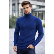 Etiler Collection Erkek Balıkcı Yaka Bağazlı Triko Kazak Pamuklu Kalın Fitilli Dokuma, Regular Fit Uzun Kollu Kışlık Model - Indigo