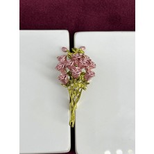 Calista Aksesuar Açık Pembe Çiçekli Yeşil Yapraklı Gold Broş