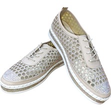 White Line Aria 2161 Kadın Taşlı Fileli Sneaker Ayakkabı Bej